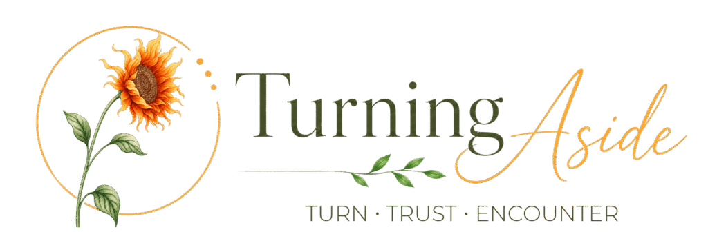 Turning Aside logo with sunflower and inspirational tagline