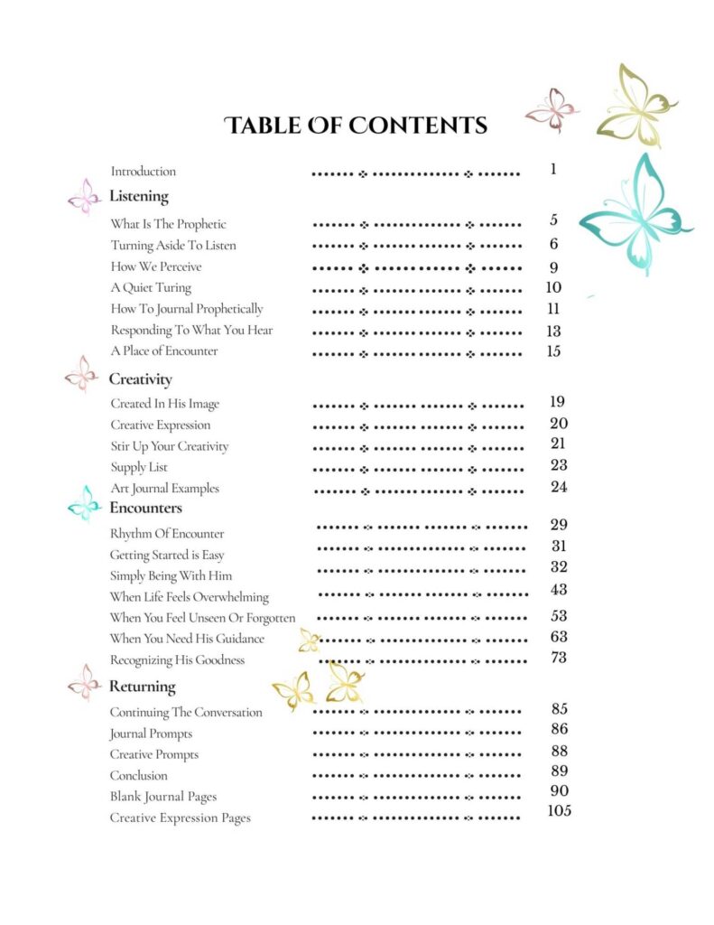 Decorative table of contents with butterfly illustrations